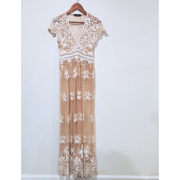 Zara Tan White Sheer Embroidered Maxi Dress Size Small Dainty Fairy Festival - Picture 1 of 11
